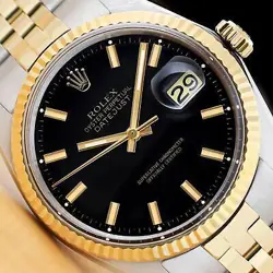 ROLEX MENS DATEJUST BLACK DIAL 14K GOLD STEEL WATCH W/ FOLDED JUBILEE BRACELET