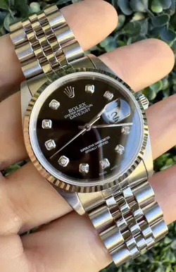 1993 ROLEX DATEJUST 16234 BLACK DIAMOND DIAL 18K FLUTED JUBILEE 36MM WATCH