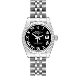 ROLEX DATEJUST STEEL WHITE GOLD BLACK ROMAN DIAL LADIES WATCH 179174