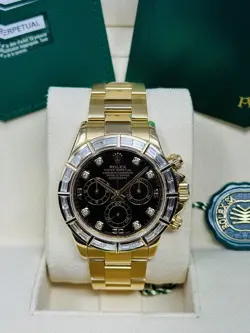 ROLEX DAYTONA 116568BR YELLOW GOLD DIAMOND BEZEL BLACK DIAMOND DIAL FULL SET