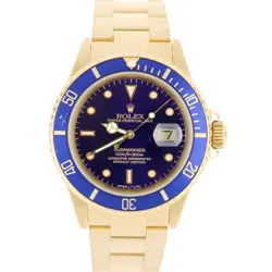 VINTAGE ROLEX SUBMARINER DATE 18K YELLOW GOLD BLUE PURPLE 40MM 16808 WATCH