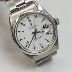 ROLEX DATE 34 MM WHITE ROMAN OYSTER STEEL AUTOMATIC WATCH 1500 CIRCA 1970