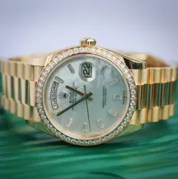 ROLEX DAY-DATE 40 228348RBR YELLOW GOLD DIAMOND BEZEL BAGUETTE MOTHER OF PEARL