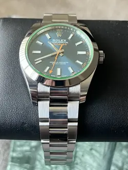 ROLEX MILGAUSS 40MM Z-BLUE DIAL, GREEN CRYSTAL. MINT! 116400GV BOX & PAPERS!