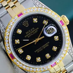 ROLEX MENS DATEJUST 18KY GOLD & STEEL BLACK DIAMOND DIAL BEZEL LUGS 36MM WATCH