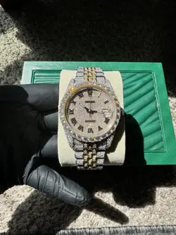 ROLEX MEN'S DATEJUST 41MM, 18K GOLD STEEL, ICED, 2.50CT LAB DIAMONDS, GOLD DIAL