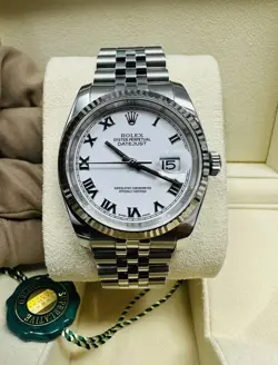ROLEX DATEJUST WHITE ROMAN 36 SUPER JUBILEE BRACELET