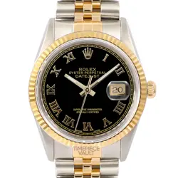 ROLEX DATEJUST 16233 GOLD & STEEL 36MM WATCH BLACK ROMAN DIAL 18K FLUTED BEZEL