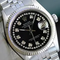 ROLEX MENS DATEJUST STEEL WATCH BLACK DIAMOND DIAL FLUTED BEZEL 36MM 16014 AUTO