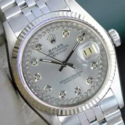 ROLEX MENS DATEJUST STEEL WATCH SILVER DIAMOND DIAL FLUTED BEZEL 36MM 16014 AUTO