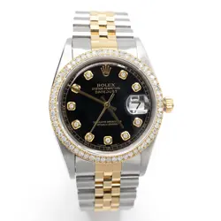 36MM ROLEX MENS DATEJUST SS/10K YELLOW GOLD 2 CTW DIAMOND BLACK DIAL ICED WATCH