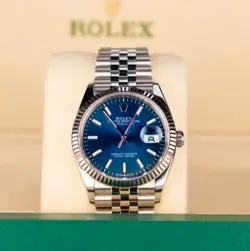 2024 ROLEX DATEJUST BLUE DIAL FLUTED BEZEL JUBILEE WHITE GOLD STEEL MINT 126234