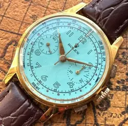 ROLEX CHRONOGRAPH GOLD PLATE BLUE DIAL VINTAGE ANTIQUE HAND WINDING WRISTWATCH