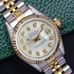 ROLEX LADIES DATEJUST WATCH GOLD STEEL SILVER DIAMOND DIAL FLUTED BEZEL 69173