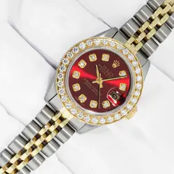 Rolex Lady DateJust Red Diamond Steel and Yellow Gold Diamond Bezel Watch 1.90ct