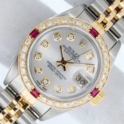 ROLEX DATEJUST SILVER DIAMOND LADY WATCH STEEL AND 18K GOLD DIAMOND RUBY BEZEL