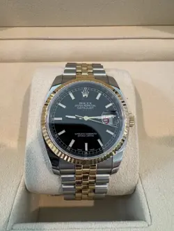 ROLEX DATEJUST 36 ROLEX DATEJUST 36MM TWO TONE BLACK DIAL #116233 W BOX PAPERS