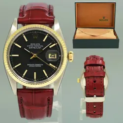ROLEX DATEJUST BLACK STICK 1601 TWO-TONE GOLD 36MM LEATHER WATCH BOX