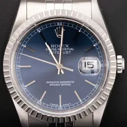 ROLEX DATEJUST 16220 ENGINE-TURNED BEZEL JUBILEE WATCH 36MM BLUE INDEX DIAL