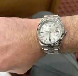 ROLEX 41MM DAY-DATE II WHITE GOLD BAGUETTE SAPPHIRE DIAL FLUTED BEZEL 218239
