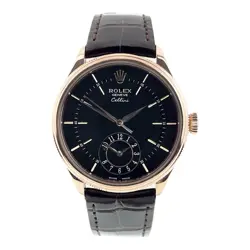 ROLEX CELLINI DUAL TIME 18K ROSE GOLD BLACK DIAL 39MM AUTOMATIC MENS WATCH 50525
