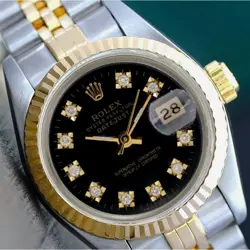 ROLEX DATEJUST LADIES 26MM TWOTONE BLACK GENUINE DIAMOND DIAL JUBILEE BAND WATCH
