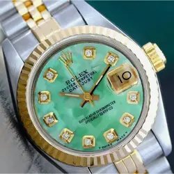 ROLEX DATEJUST LADIES 26MM TWOTONE GREEN MOTHER OF PEARL DIAL REAL DIAMOND WATCH