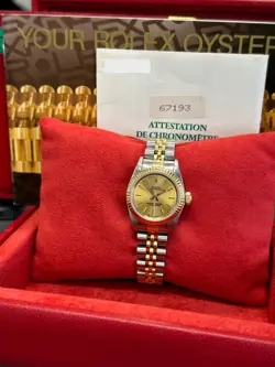 ROLEX LADIES OYSTER PERPETUAL 67193 CHAMPAGNE DIAL 18K YELLOW GOLD STEEL