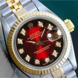 ROLEX DATEJUST LADIES 26MM TWOTONE RED VIGNETTE DIAMOND DIAL JUBILEE BAND WATCH