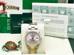 ROLEX DATE 15203 SILVER DIAL 18K YELLOW GOLD STAINLESS BOX PAPER 34MM