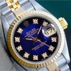 ROLEX DATEJUST LADIES 26MM TWOTONE BLUE VIGNETTE DIAMOND DIAL JUBILEE BAND WATCH
