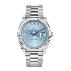 ROLEX DAY-DATE 40 WATCH 40MM ICE BLUE DIAMOND BAGUETTE INDEX MARKERS DIAL PLA...