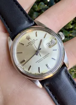 1967 ROLEX OYSTER PERPETUAL DATE 1500 OYSTER AUTOMATIC SILVER DIAL WATCH 34MM