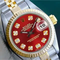 ROLEX DATEJUST WOMENS 26MM TWOTONE RED DIAL REAL DIAMONDS JUBILEE BAND WATCH