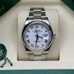 ROLEX DATEJUST 36 WHITE ROMAN DIAL STAINLESS STEEL SMOOTH BEZEL OYSTER BRACELET