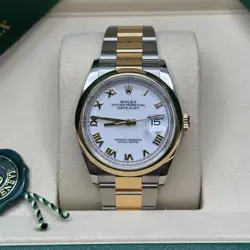 ROLEX DATEJUST 36 NEW 2025 TWO TONE YELLOW GOLD WHITE ROMAN SMOOTH BEZEL OYSTER