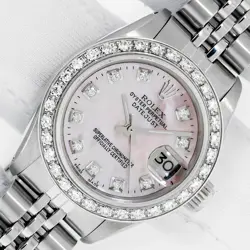 ROLEX LADIES DATEJUST STAINLESS STEEL WITH PINK MOP DIAMOND DIAL AND BEZEL WATCH