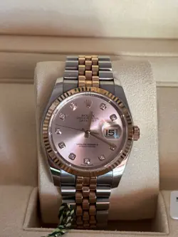 ROLEX DATEJUST 36MM 116231 ROSE GOLD DIAMOND PINK DIAL FLUTED BEZEL BOX & TAGS