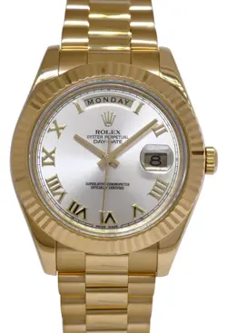 ROLEX DAY-DATE II PRESIDENT 18K YELLOW GOLD SILVER DIAL 41MM WATCH B/P V 218238