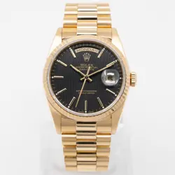 ROLEX DAY-DATE 36 18238, YELLOW GOLD, BLACK TAPESTRY DIAL, PRESIDENT BRACELET