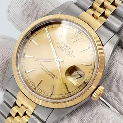 1995 ROLEX DATEJUST 36MM CHAMPAGNE INDEX YELLOW GOLD/STEEL JUBILEE WATCH 16233