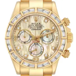 ROLEX DAYTONA YELLOW GOLD CHAMPAGNE MOP DIAMOND BAGUETTE WATCH 116568 BOX PAPERS