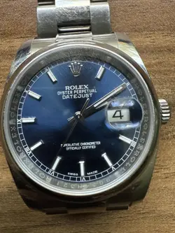 ROLEX DATEJUST 36 NAVY BLUE DIAL, SMOOTH BEZEL, OYSTER BRACELET, BOX + PAPERS