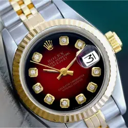 ROLEX DATEJUST LADIES 26MM TWO-TONE 18KY SS RED VIGNETTE DIAMOND DIAL WATCH