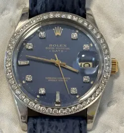 ROLEX DATE MENS GOLD STAINLESS STEEL WATCH 15053 BFW DIAMOND BEZEL BLUE DIAL