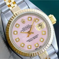 ROLEX DATEJUST LADIES TWO-TONE PINK MOTHER OF PEARL DIAMOND DIAL WATCH 26MM
