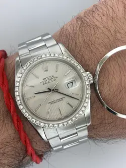 ROLEX 36MM DATEJUST 16200 SILVER TAPESTRY DIAL DIAMOND BEZEL D SERIAL STEEL