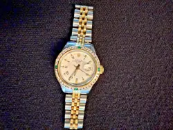 Diamond Rolex Date Lady 2Tone 14K Yellow Gold Steel Watch White Roman Dial 6517