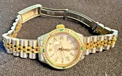 Diamond Rolex Date Lady 2Tone 14K Yellow Gold Steel Watch White Roman Dial 6517