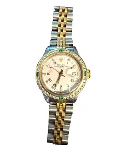 Diamond Rolex Date Lady 2Tone 14K Yellow Gold Steel Watch White Roman Dial 6517
